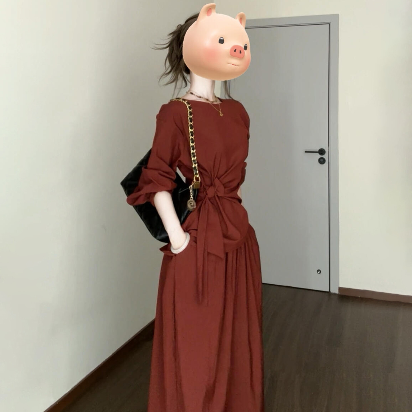 【现货+运补】早初秋新款红色OOTD一整套装女绑带长裙春秋穿搭7086