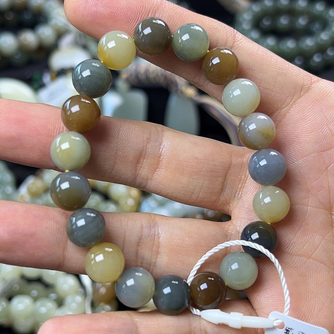 和田玉手链未镶嵌新疆若羌楼兰三色卡10圆珠 油润细腻