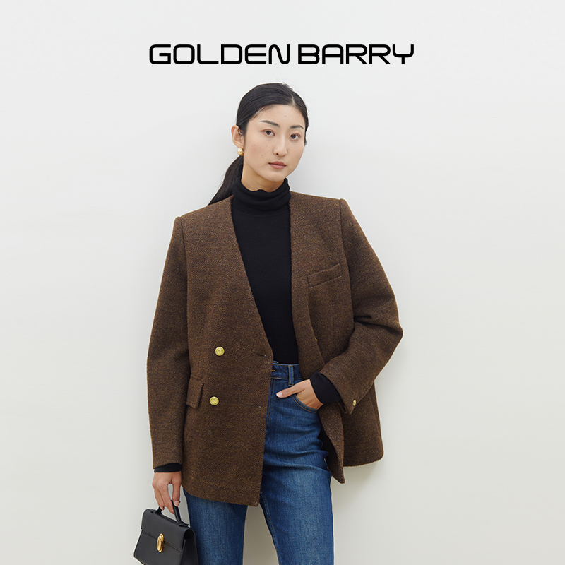 |142054简约V领女毛呢外套毛呢大衣 