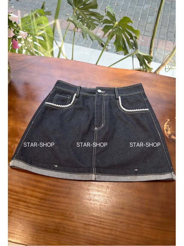 ｛深蓝牛仔｝蕾丝边口袋 高腰深蓝色牛仔裙