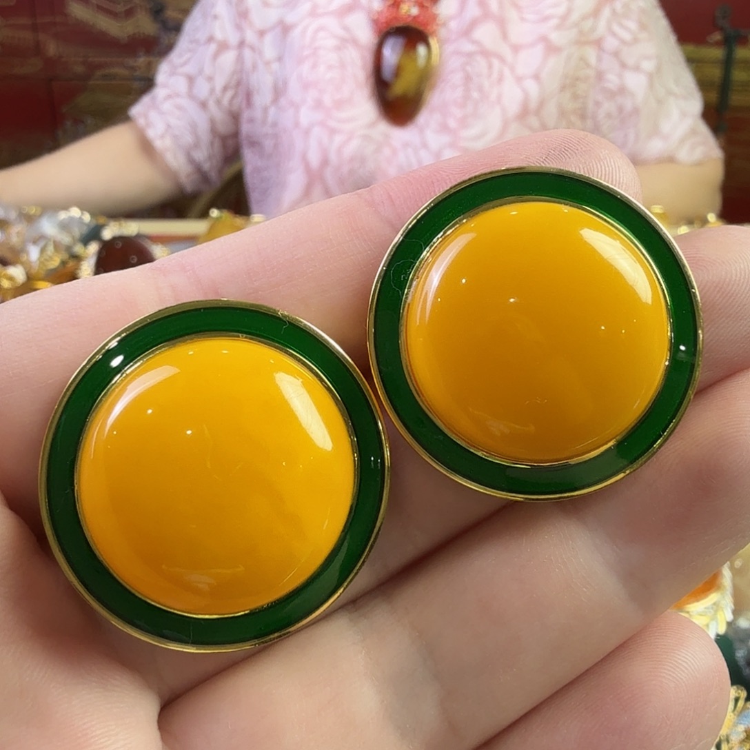 蜜蜡银S925镀金镶嵌耳钉