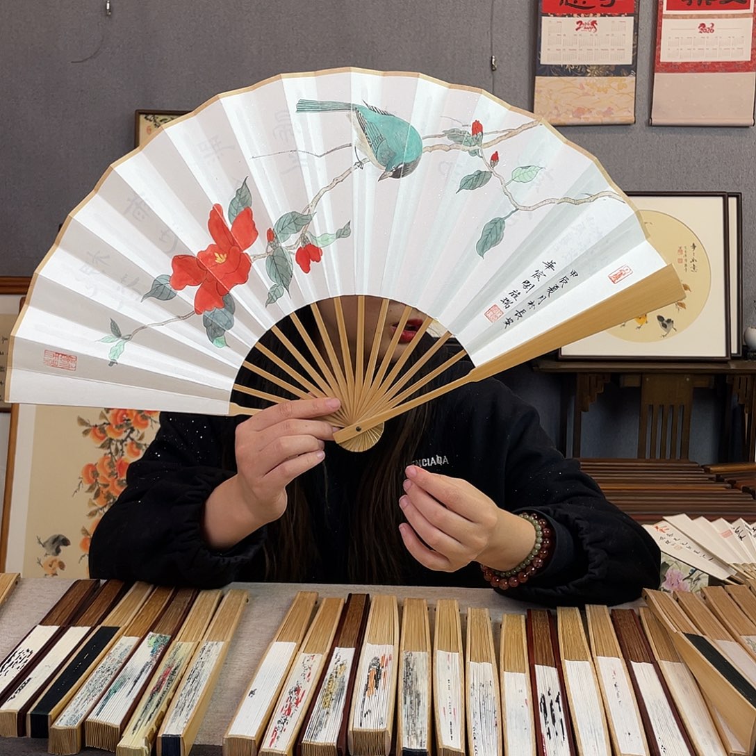 国画10寸玉竹-纯手绘-文玩扇骨（默认粘好）