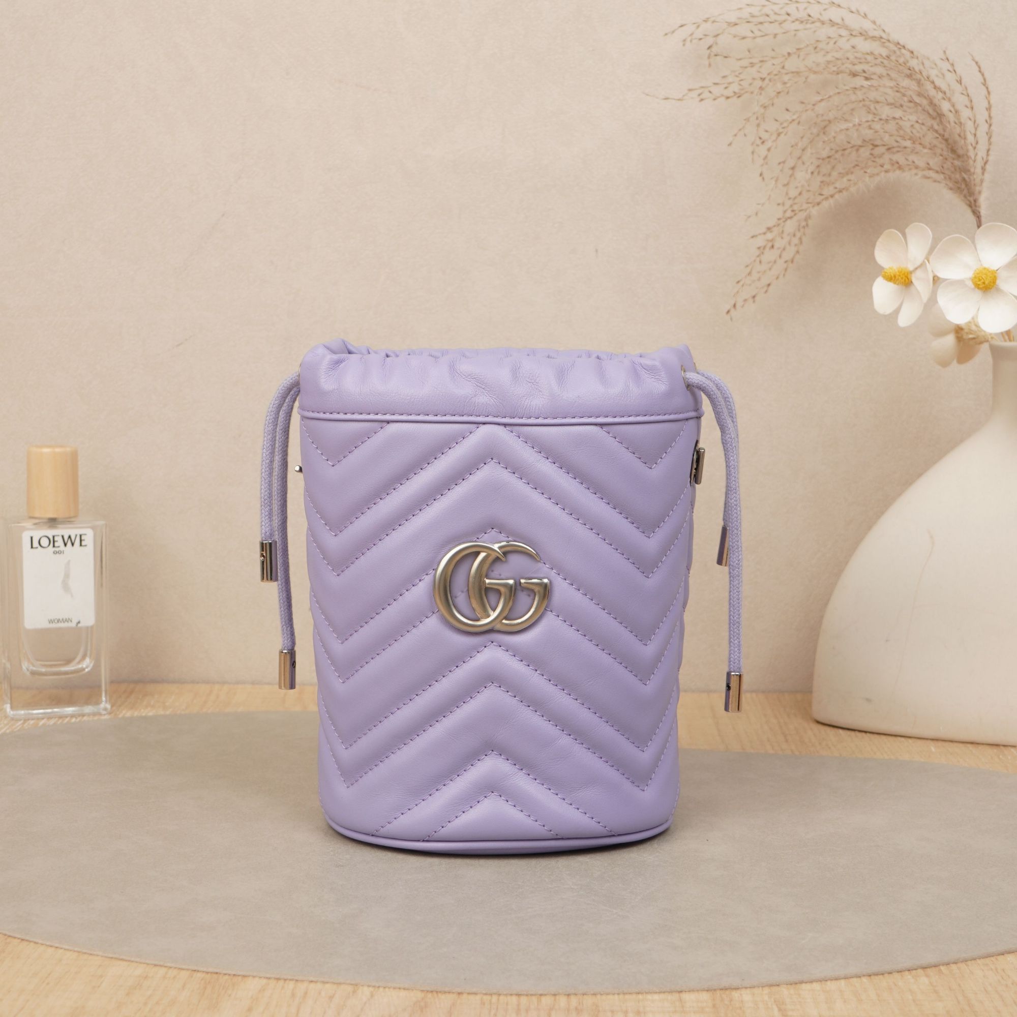 95新 GUCCI/古驰  古驰马蒙抽绳水桶包小号紫色/DS042109