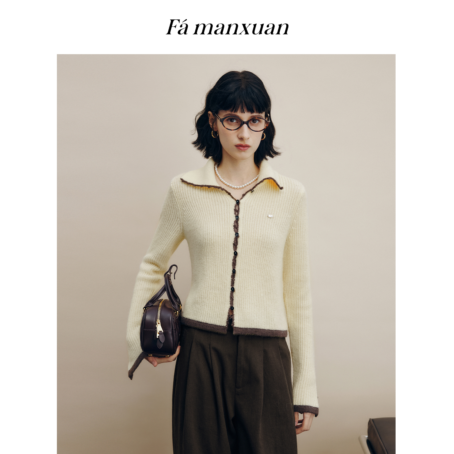 法曼萱黄色马海毛钩花翻领针织开衫2025冬法式复古可露丽羊毛上衣