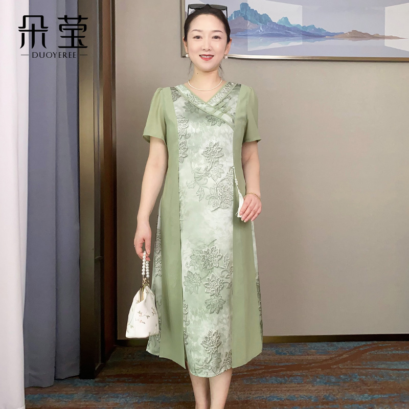 SL气质妈妈新中式洋气连衣裙2025新款夏季中年女中老年短袖长裙子