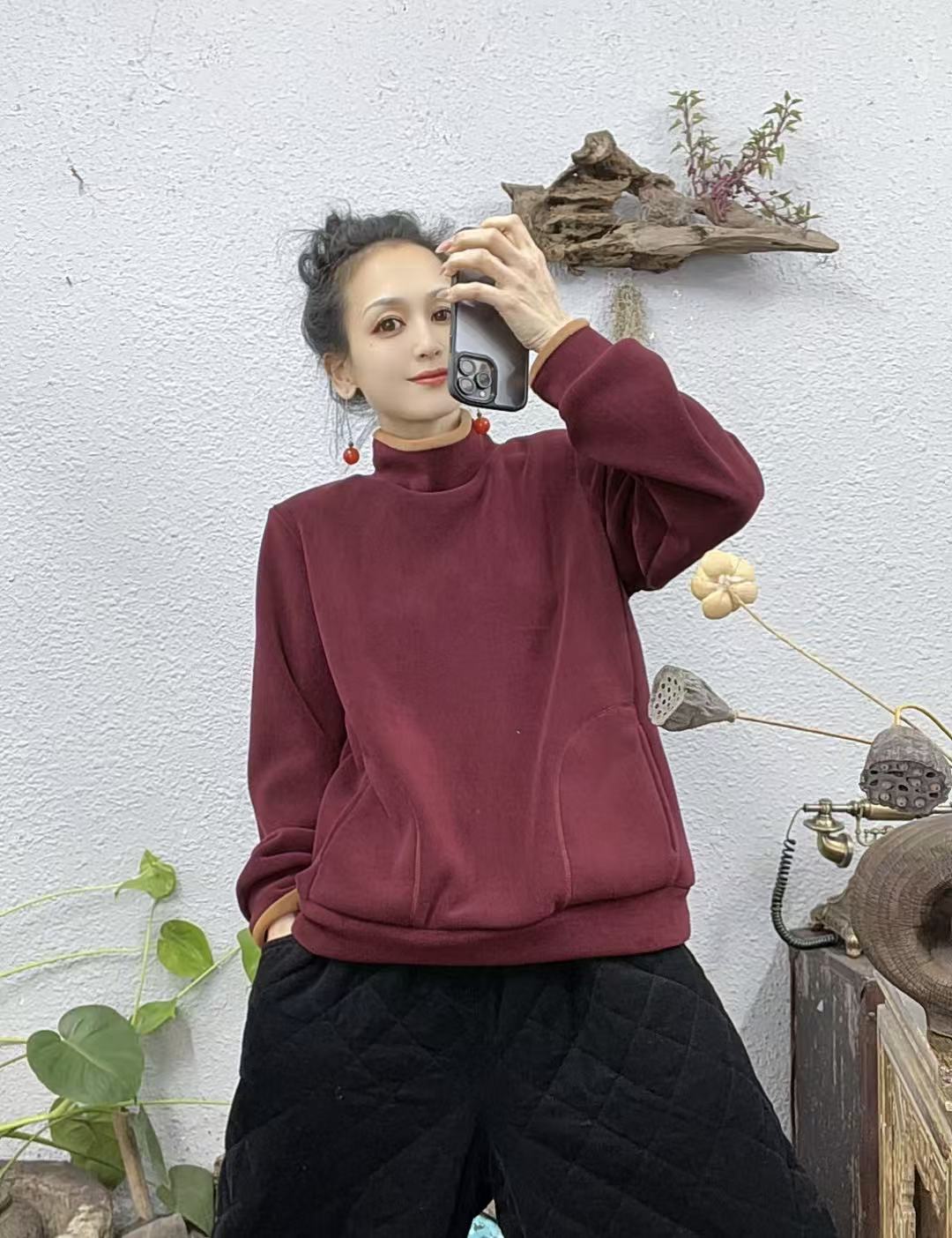 2738奥利绒高领领口拼色斜口袋上衣（长66胸围128