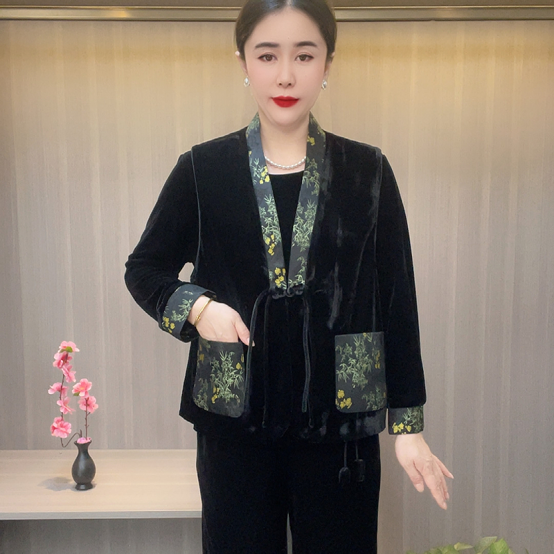 2527新款秋季V领提花复古两件套中老年时尚马夹+小衫民族风妈妈装