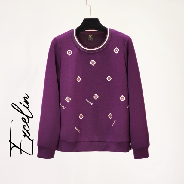 【深紫小花V领卫衣】秋季高档柔软舒适正肩显瘦减龄休闲女上衣