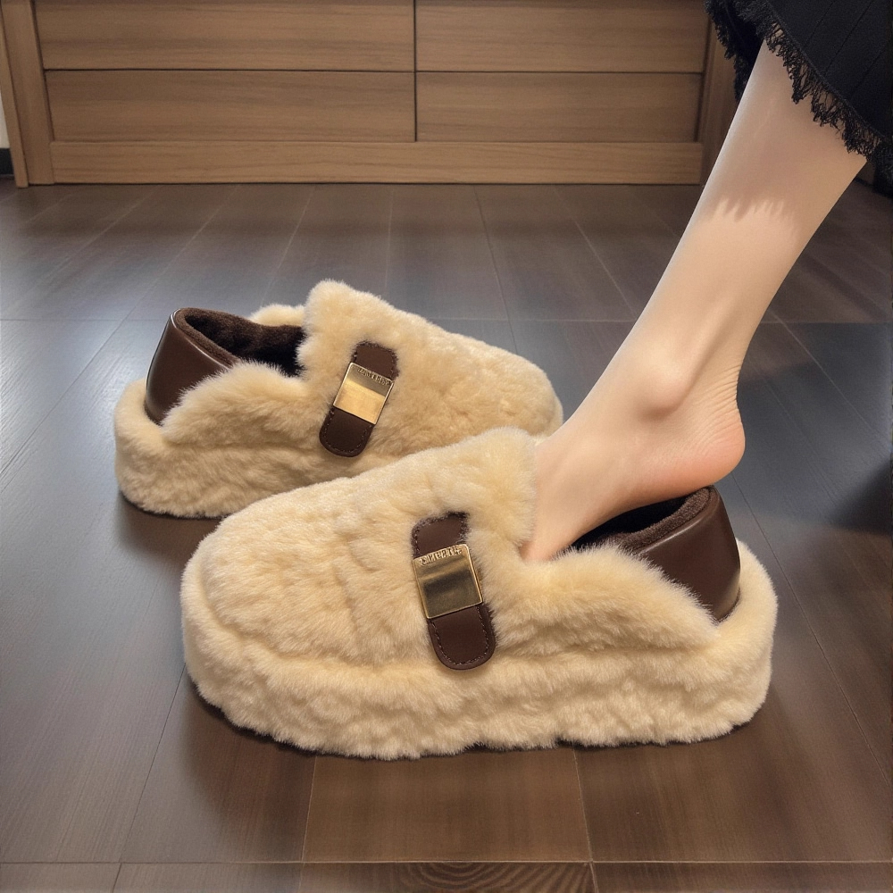 羊羔绒厚底毛毛鞋女2025新款冬季高级感金属扣加绒保暖一脚蹬棉鞋