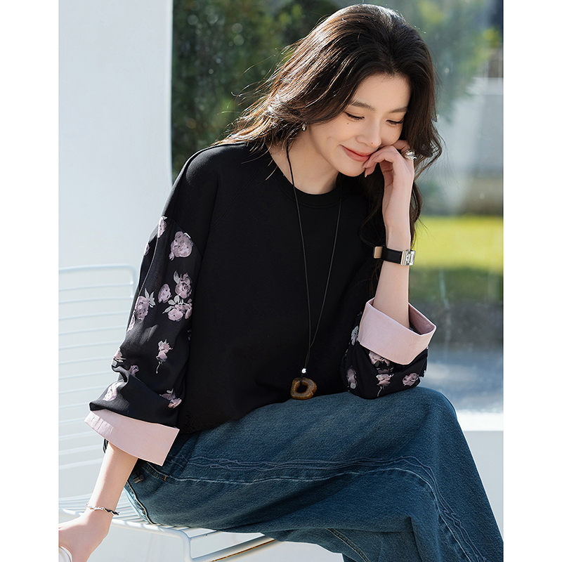 dme德·玛纳舒弹空气层春国风新中式圆领印花拼接袖宽肩卫衣