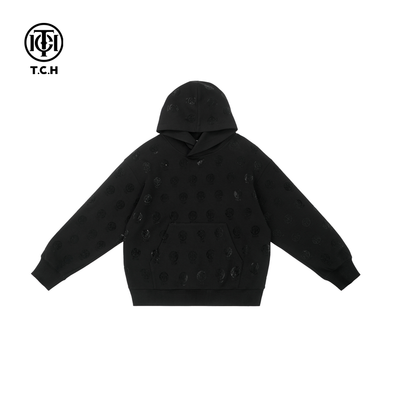 轻奢-TCH潮牌烫钻满印连帽卫衣2025美式复古帽衫T72C126026
