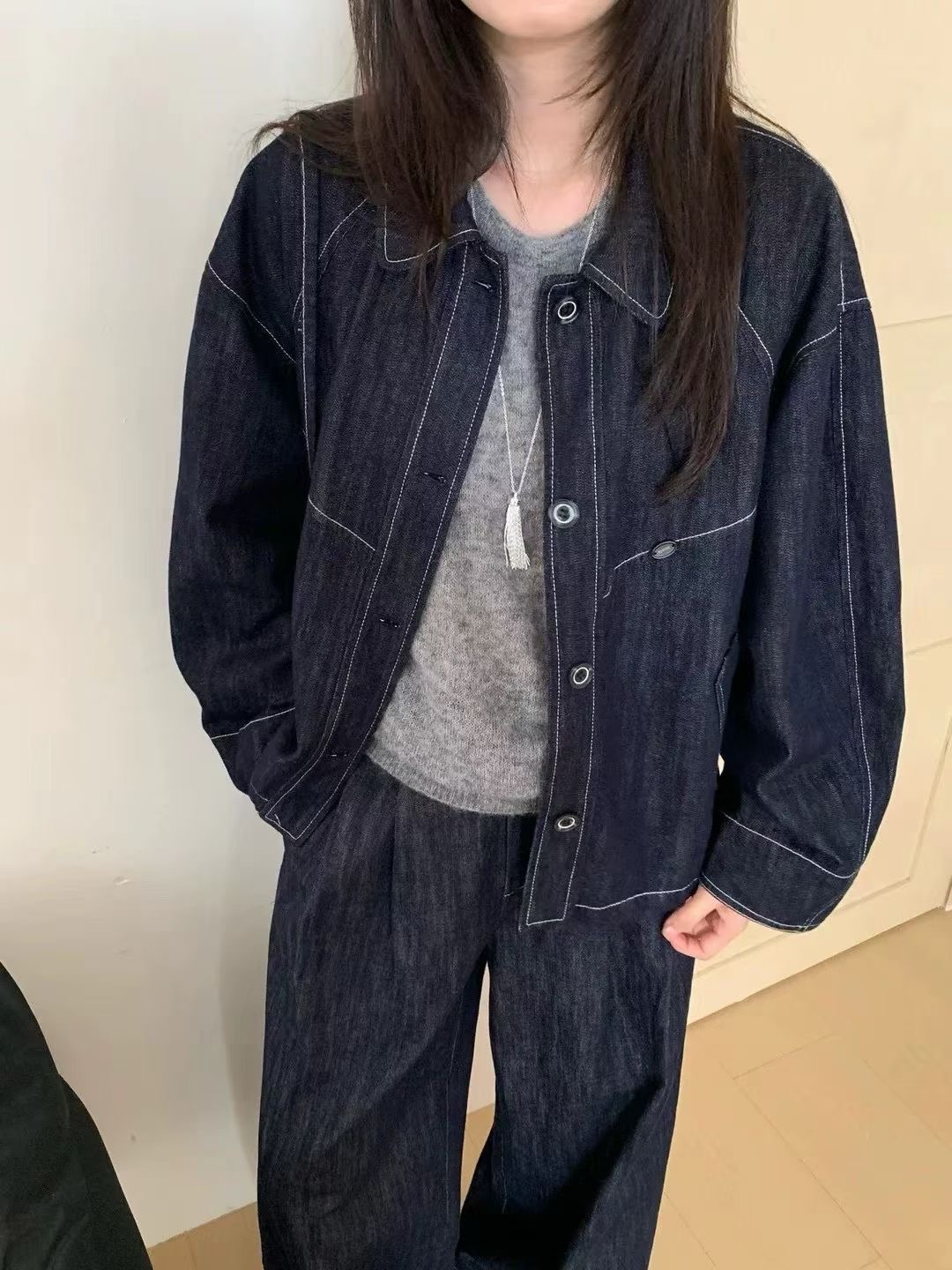 韩系复古明线设计翻领牛仔外套女2025秋季新爆款甜美显瘦夹克上衣