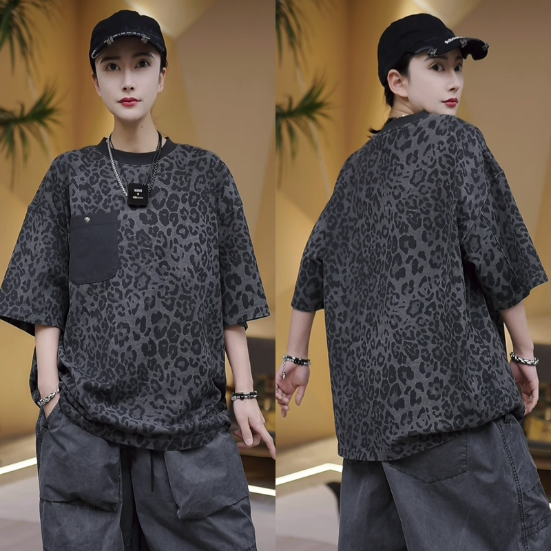 3137【300克重磨毛洗水重工定织定染】豹纹圆领短袖T恤 w277-5051