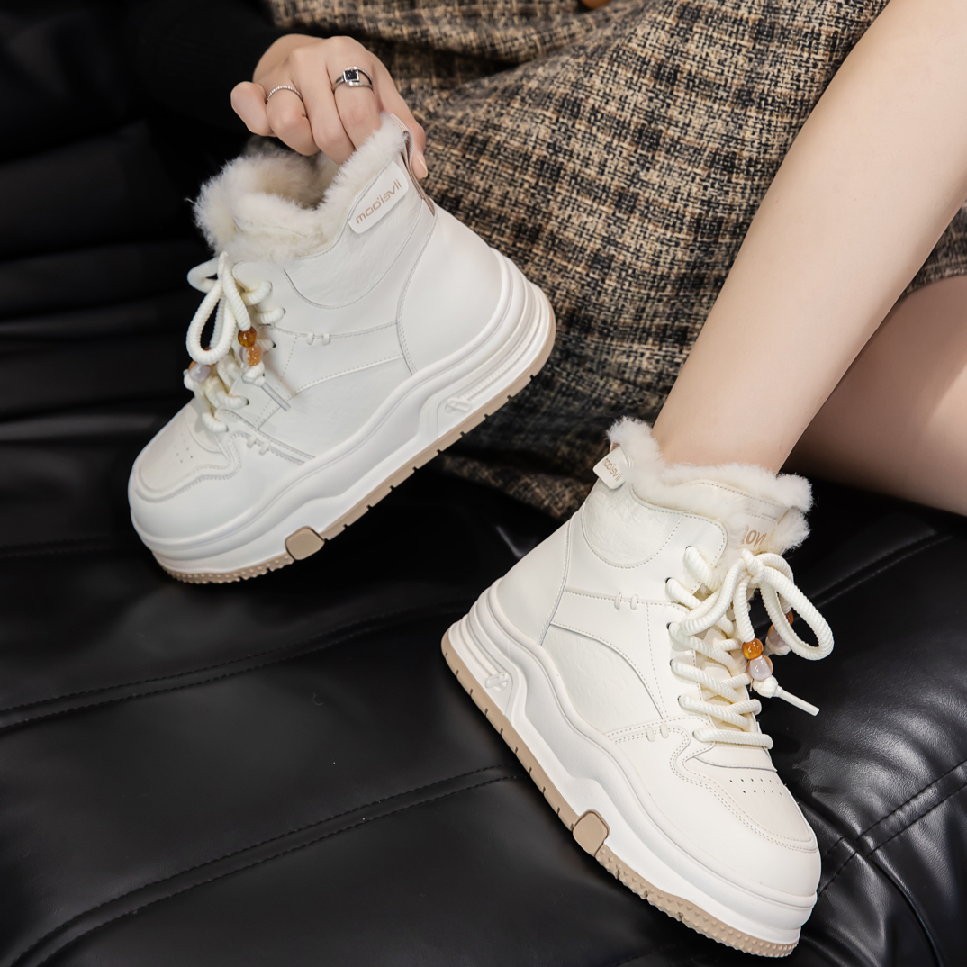8799【白雪公主】达思图厚底小白鞋女新款加绒加厚户外保暖中筒棉鞋