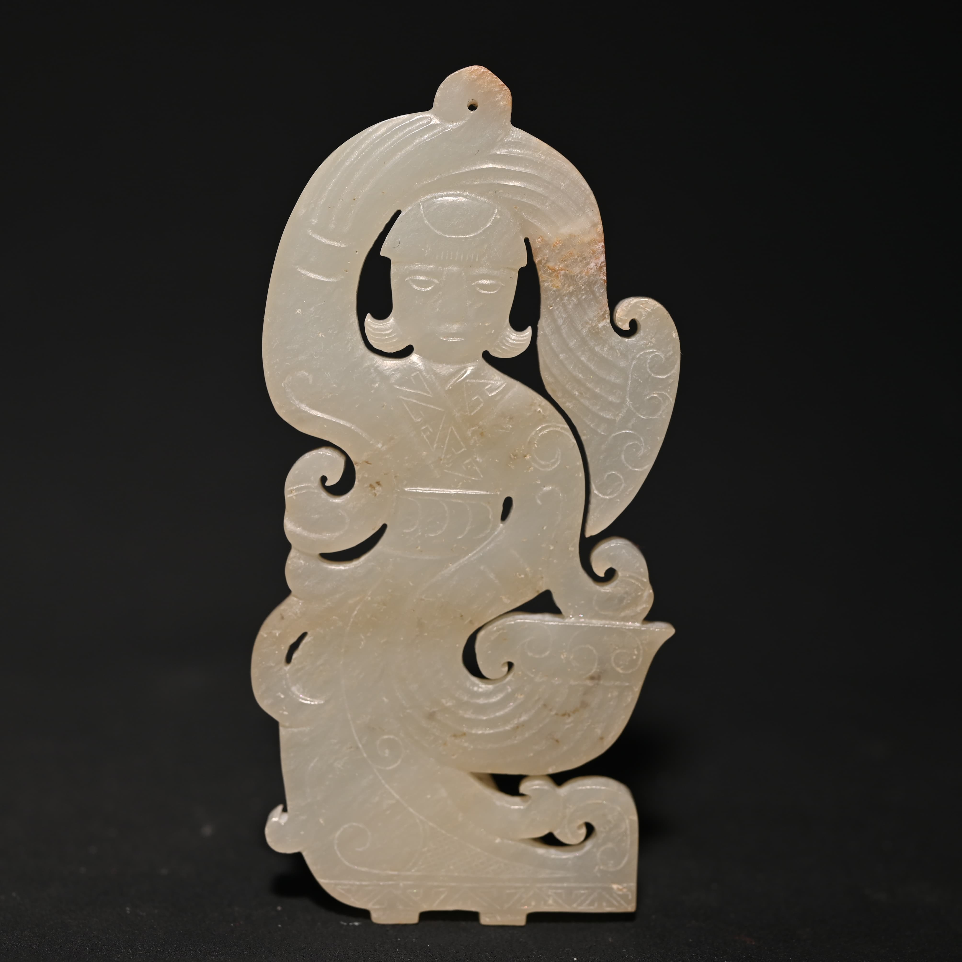 明代灰皮白玉片雕舞人/YL37700/集萃斋