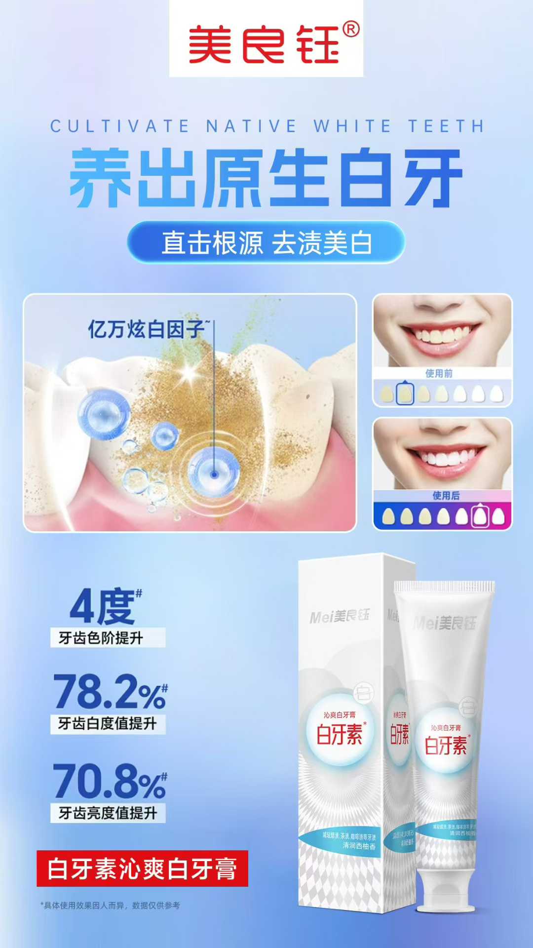 美良钰美良钰白牙素牙膏美白牙齿减轻烟渍茶渍咖啡渍祛黄清新口气