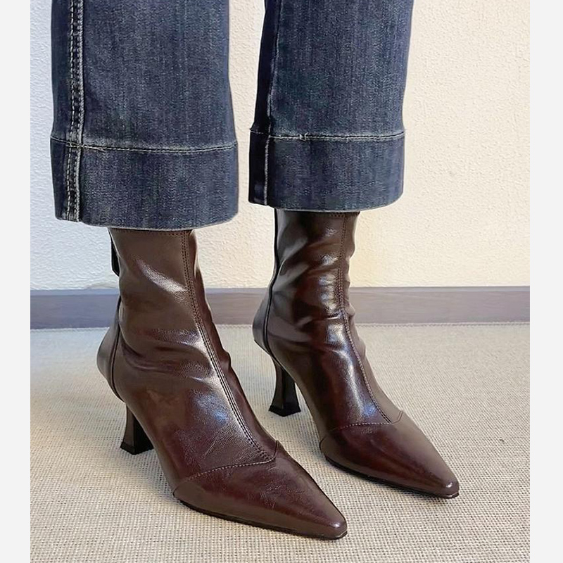 羊皮版~法式高跟尖头短靴女2025新款细跟弹力瘦瘦靴气质马丁靴子