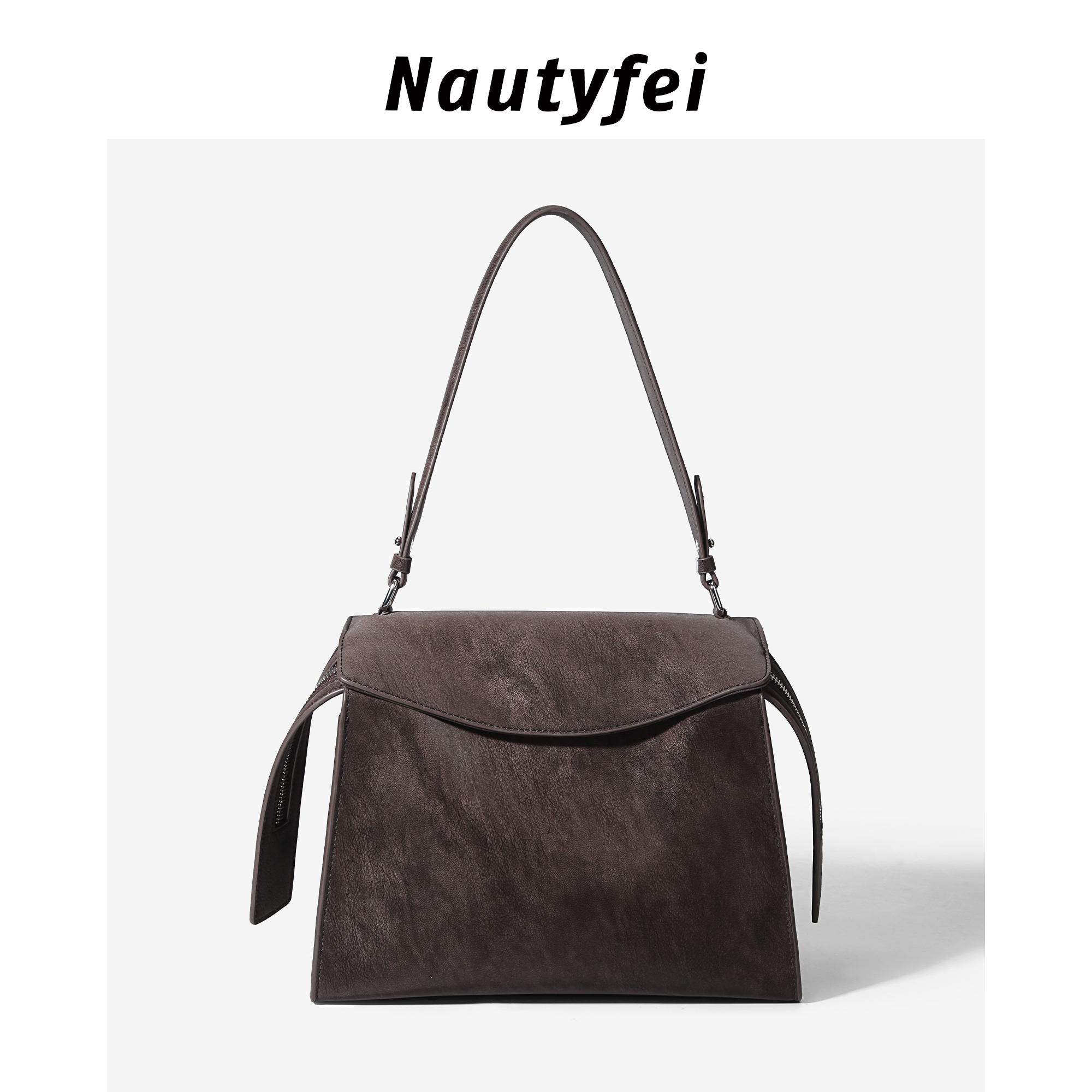 Nautyfei25年新款复古做旧擦色牛皮纯色手提包大容量时尚百搭单肩