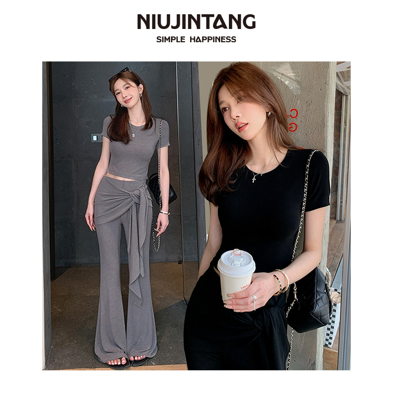 【NJT】2025年夏季新款简约百搭超软假两件系带喇叭裤套装HFB2596