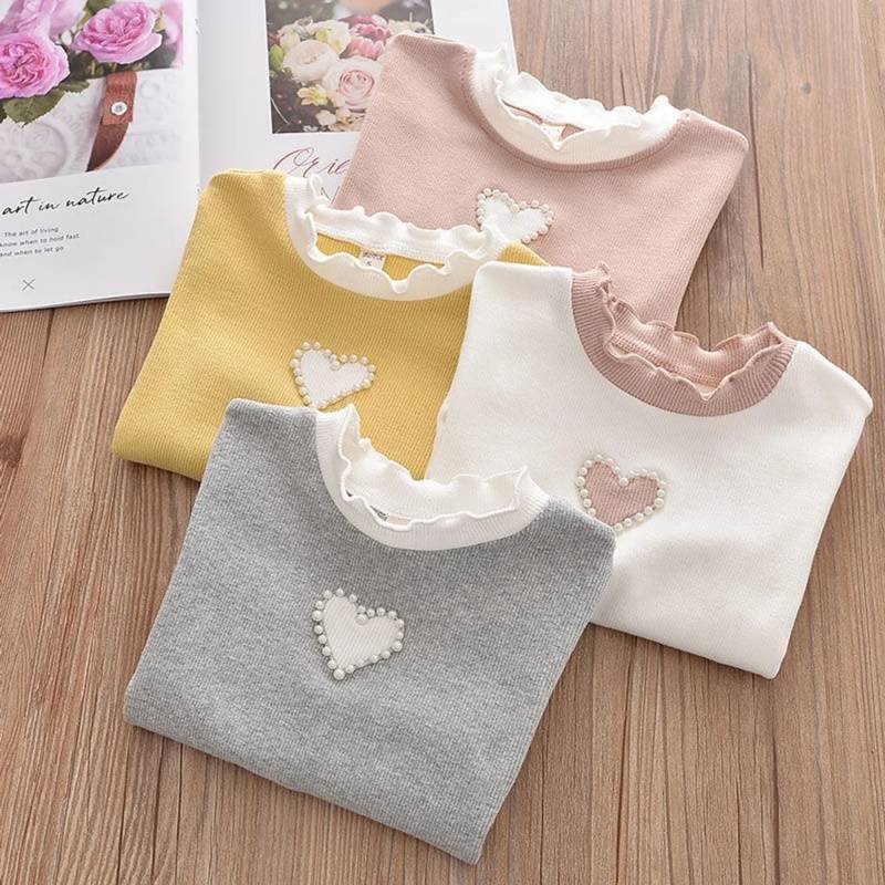 女童加绒秋冬打底衫儿童花边领弹力时尚体恤外穿上衣女孩爱心长袖