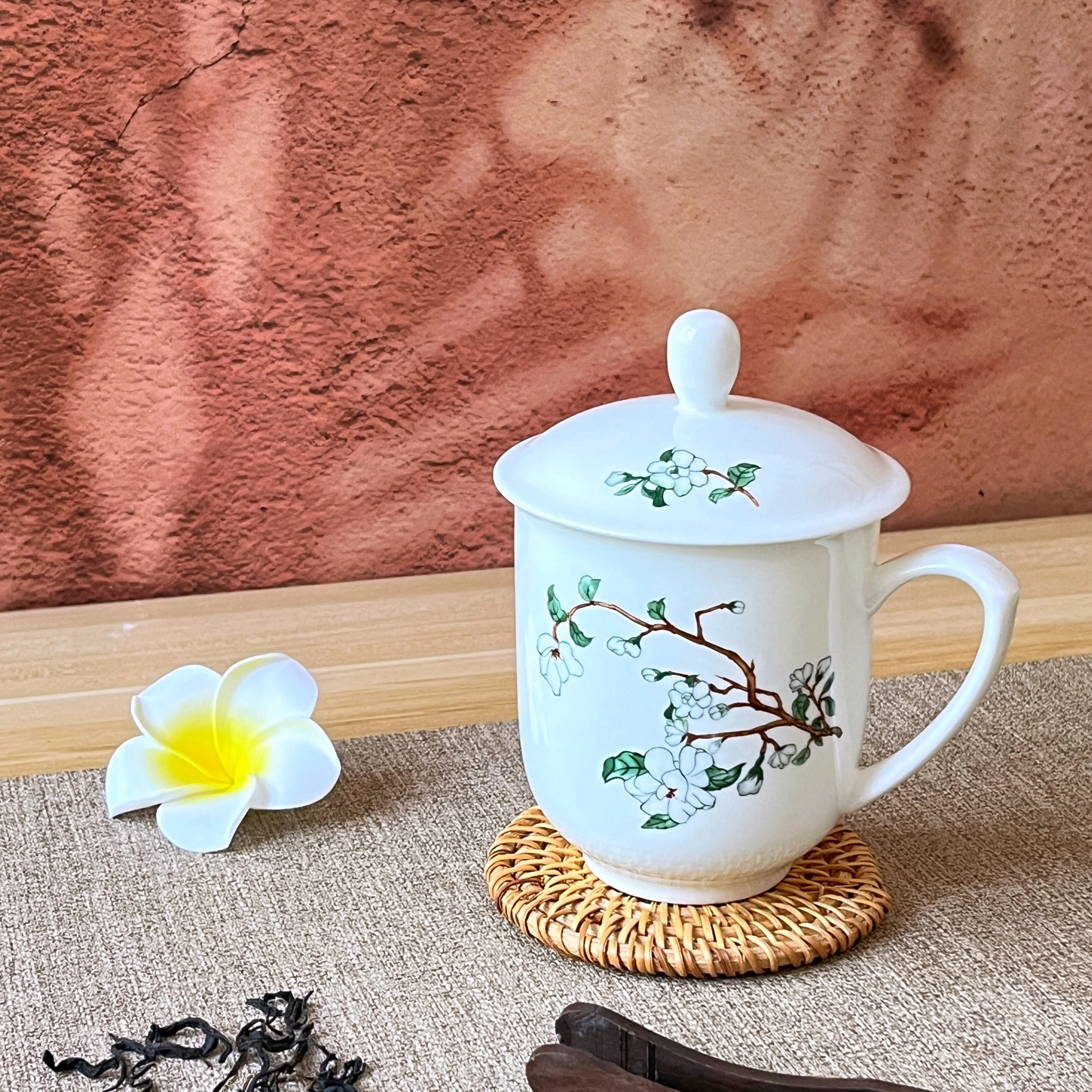 醴陵高档釉下彩高温陶瓷水杯带盖青雅茶杯大容量会议杯家用陶瓷杯