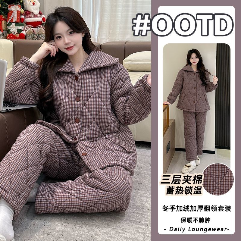 冬季睡衣女三层加厚加绒夹棉保暖格子时尚百搭家居服两件套可外穿
