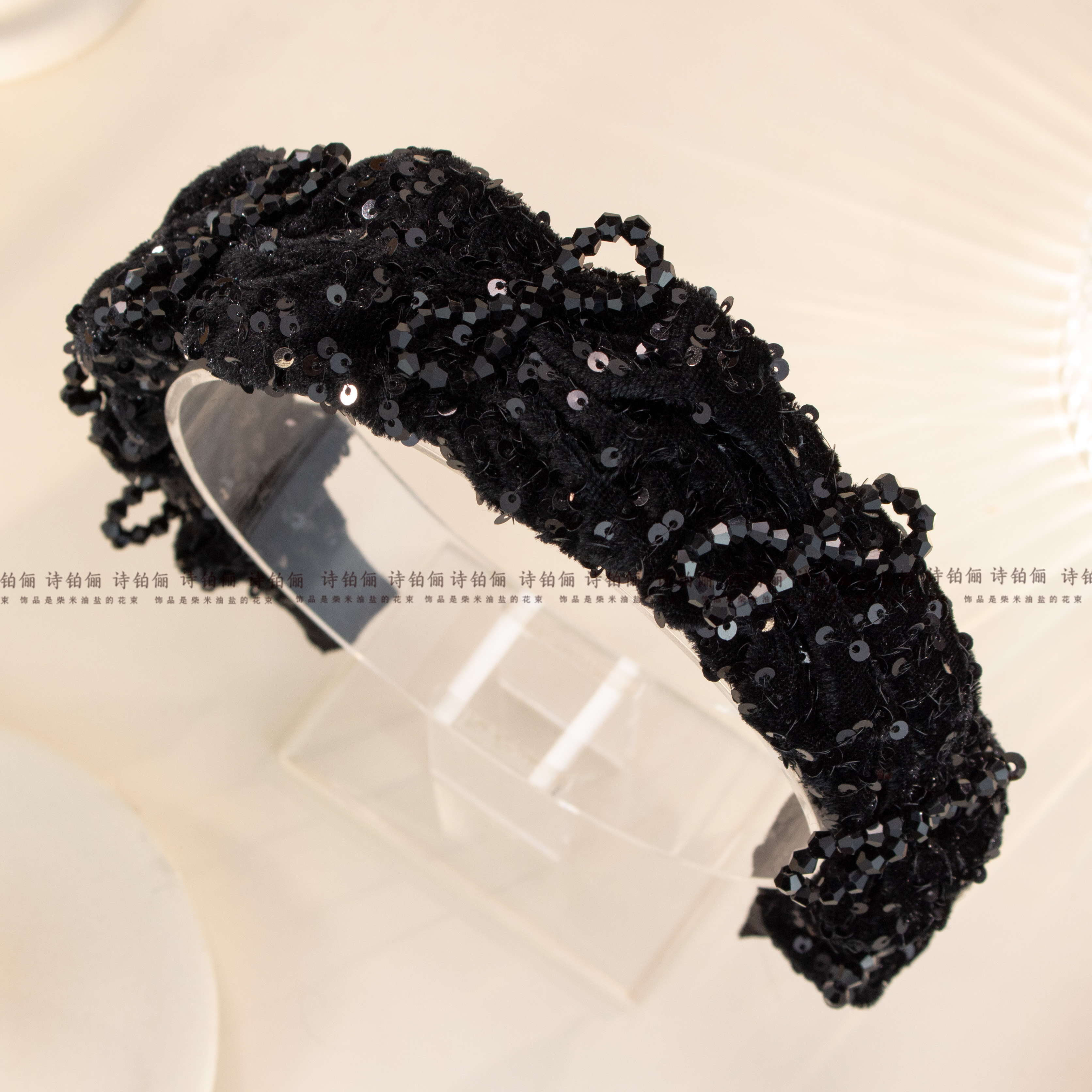 【炫夜蝶影  】明星同款黑色丝绒亮片蝴蝶结宽边发箍秋冬女SG2245