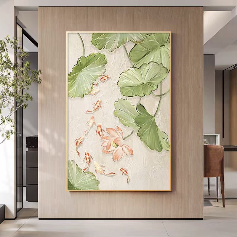 大芬纯手绘油画村九鱼图荷叶荷花客厅装饰画抽象锦鲤肌理玄关挂画