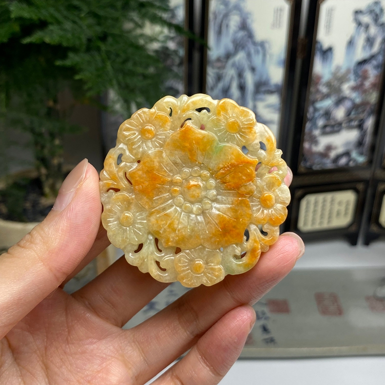 红翡飘绿花开富贵挂件 天然翡翠A货