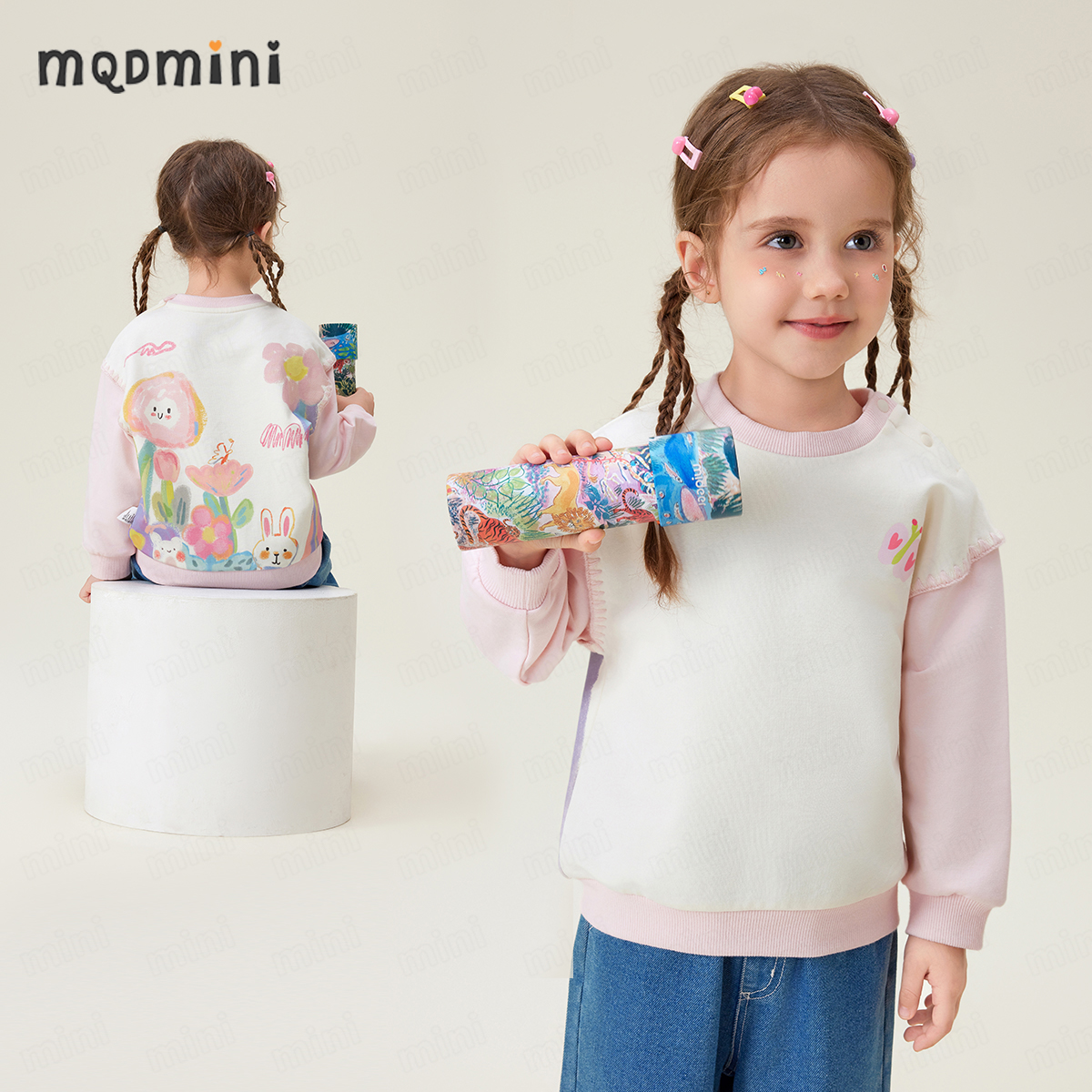 MQDMINI【5A抑菌】儿童卫衣秋季新款女童洋气拼接袖衣服宝宝童装
