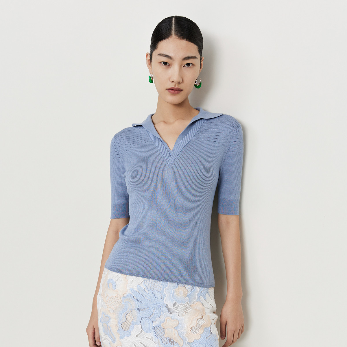 玛丝菲尔轻薄透气蓝针织休闲五分袖衬衫女A1CX2856M