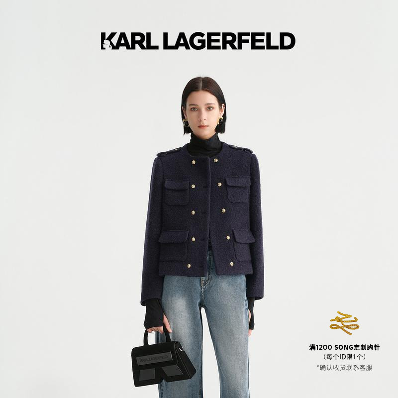 KARL LAGERFELD卡尔拉格斐秋季藏蓝色双排扣四袋无领外套K27E1535
