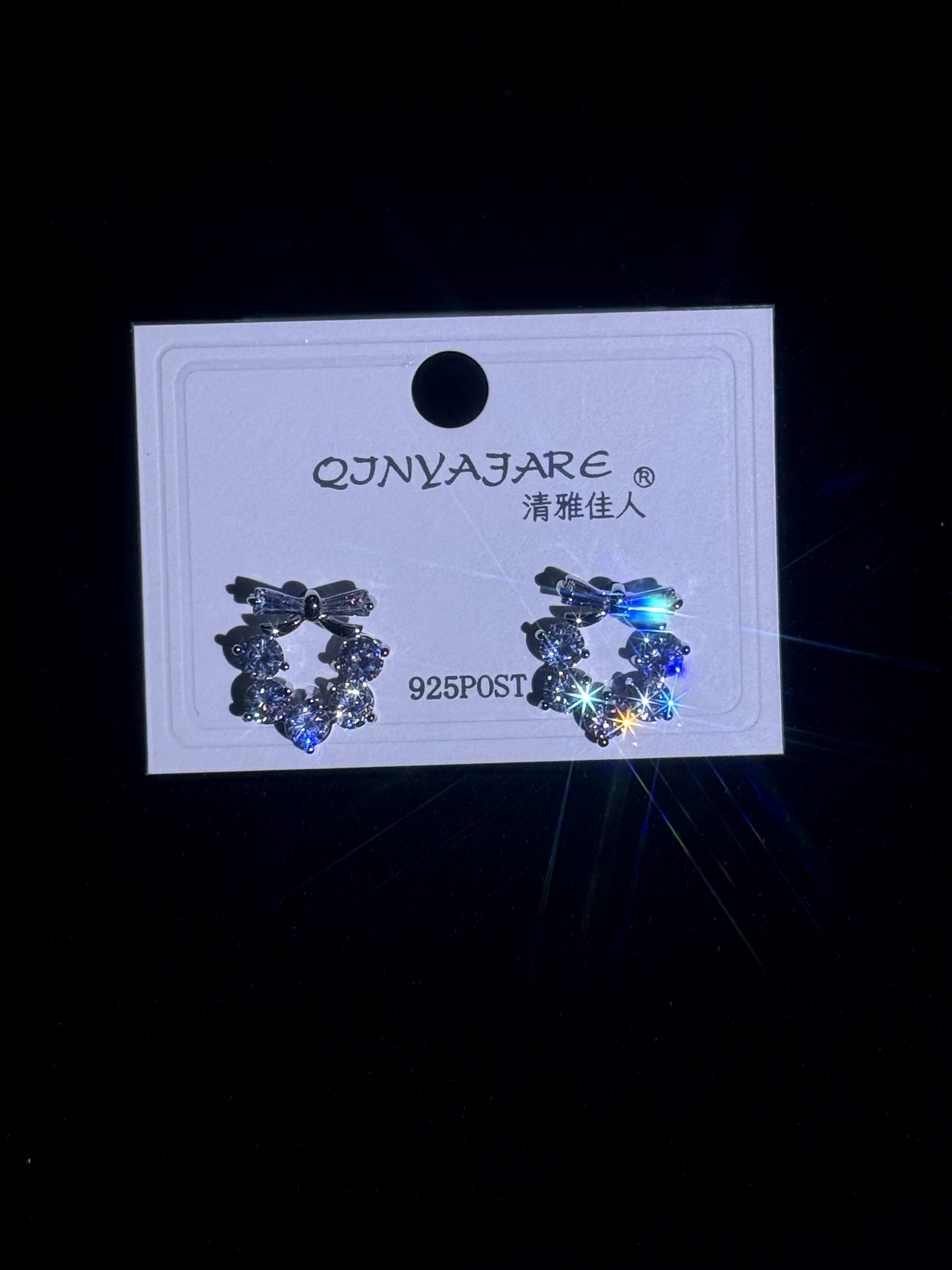 合金锆石耳饰 925银 蝴蝶结花环耳钉 精致轻奢百搭耳饰