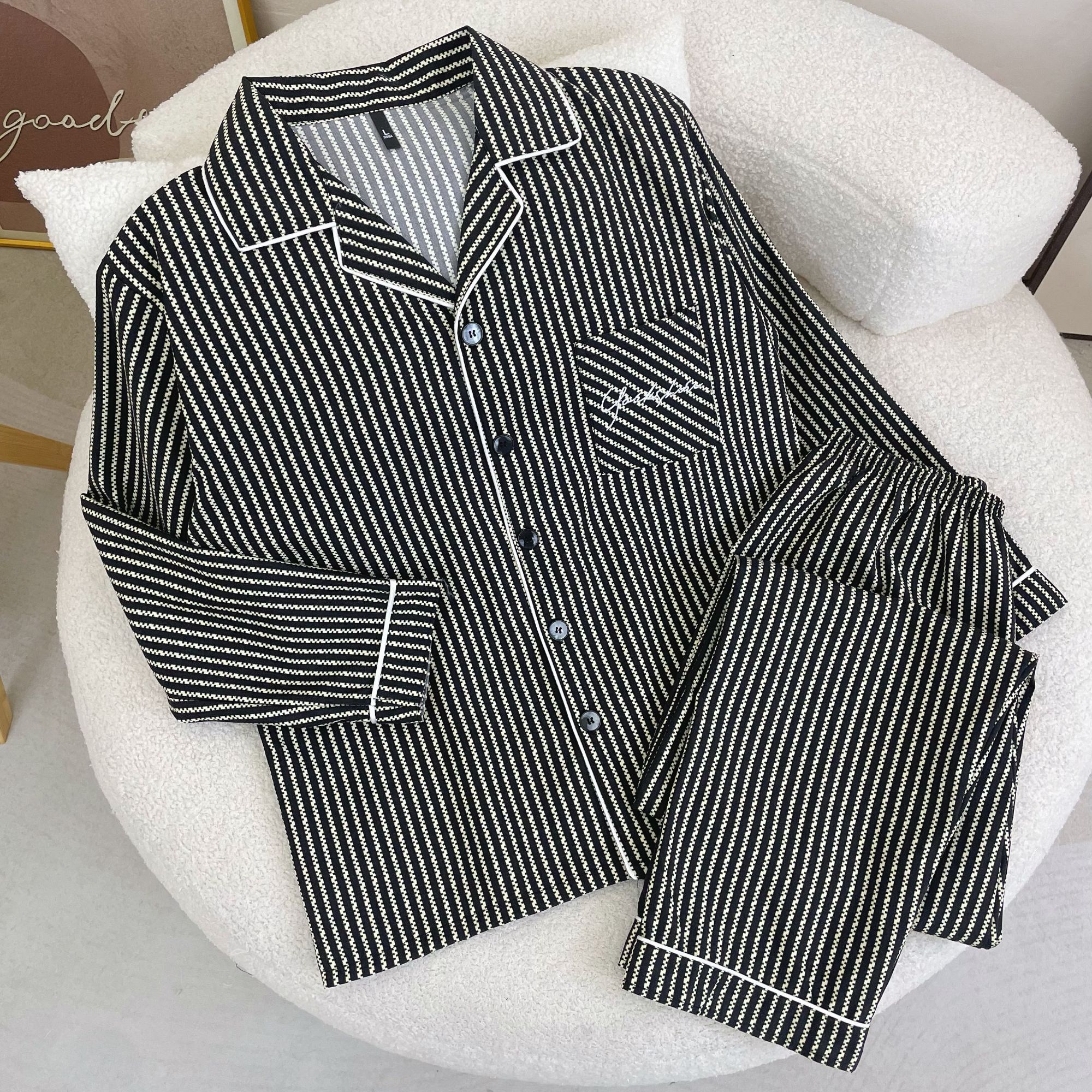 英文条纹纯棉流行睡衣春秋季长袖长裤秋冬款大码家居服套装可外穿