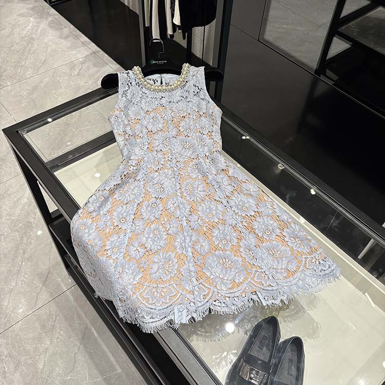 25年新款女装 重工钻饰珍珠领雾霾蓝蕾丝A字无袖连衣裙-YS11345