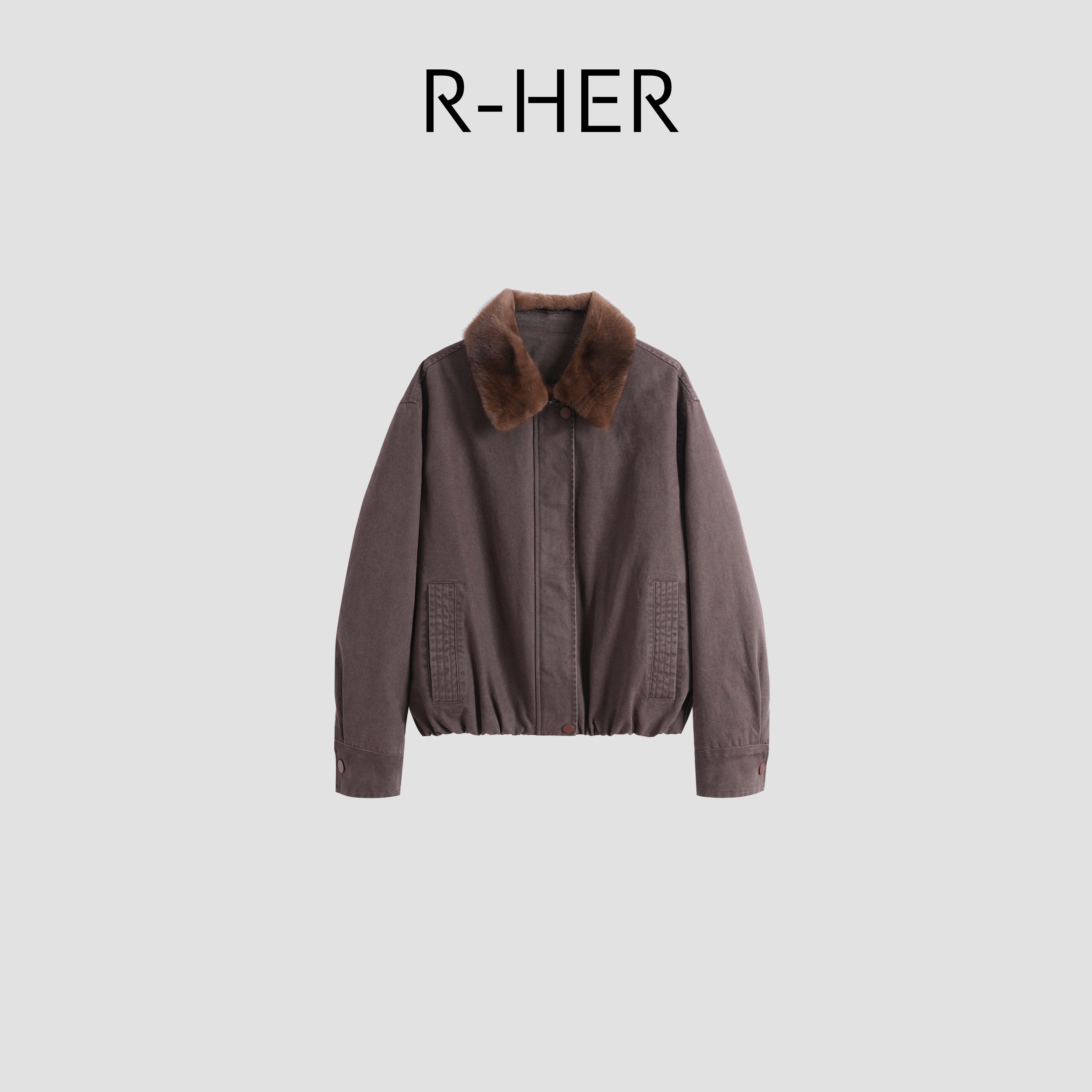 R-HER【棕绒雅筑】厚款拉链方领90白鹅绒水洗拼接极简夹克RW5NC2328