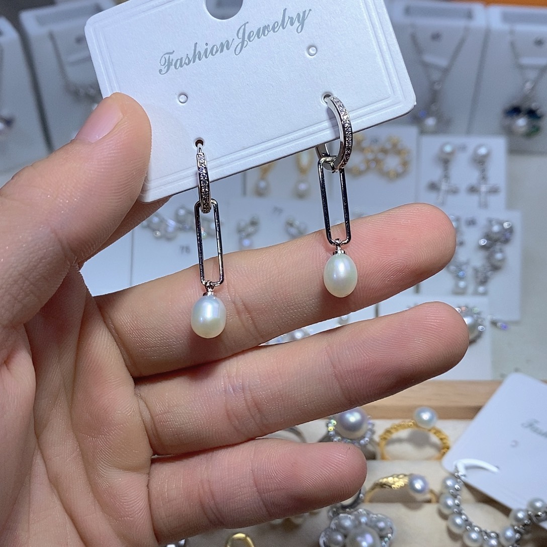 耳饰银S925镶嵌淡水珍珠