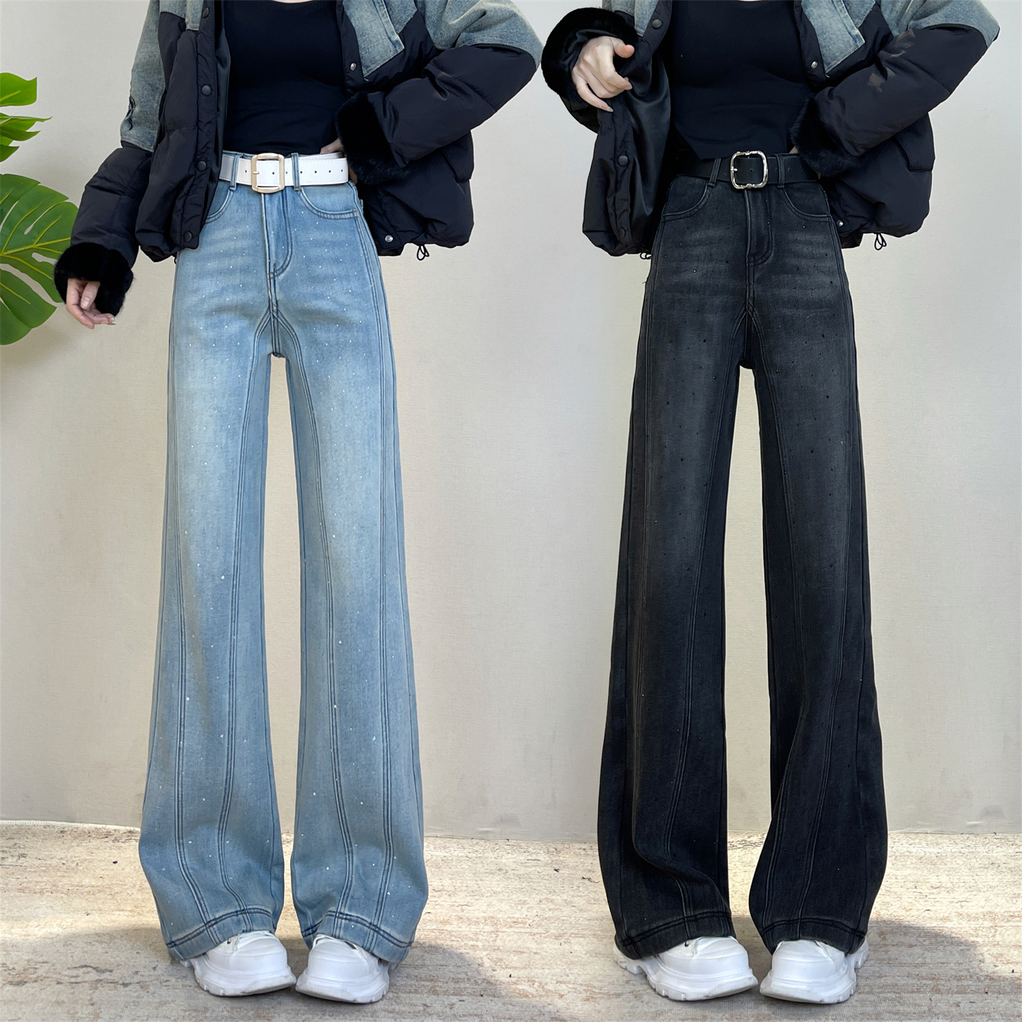 直筒微喇叭牛仔裤女冬季加厚绒2025新款烫钻高腰窄版阔腿裤子di否