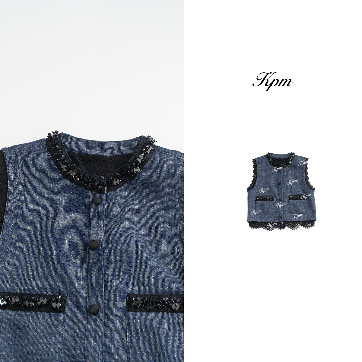 2025早春新款设计感蕾丝拼接单排扣坎肩西装女时尚无袖马夹JN7131