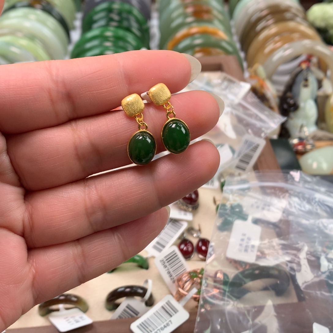 和田玉（碧玉）银S925镶嵌耳饰