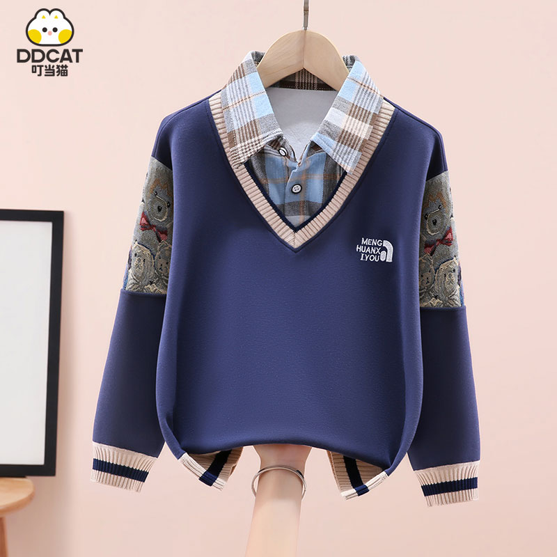 叮当猫男童秋冬卫衣假两件2025新款儿童冬装中大童长袖男孩保暖衣