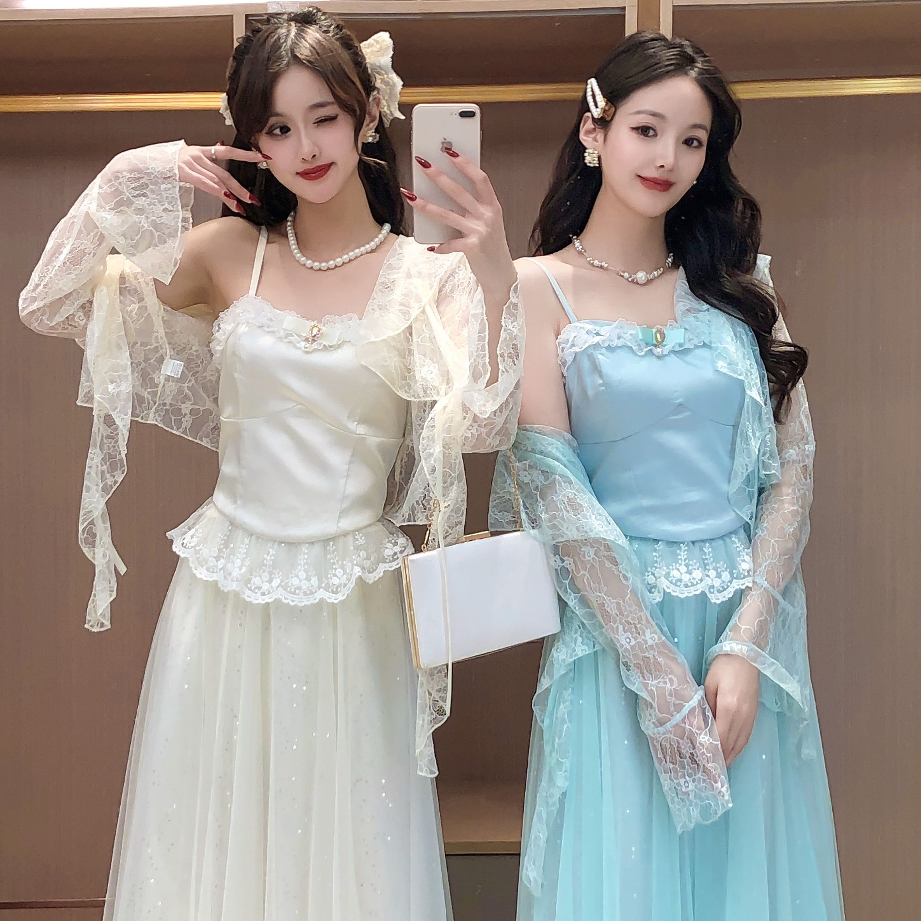 艾日秀春夏公主欧若风温婉蕾丝吊带+细闪网纱半身裙两件套 F0238