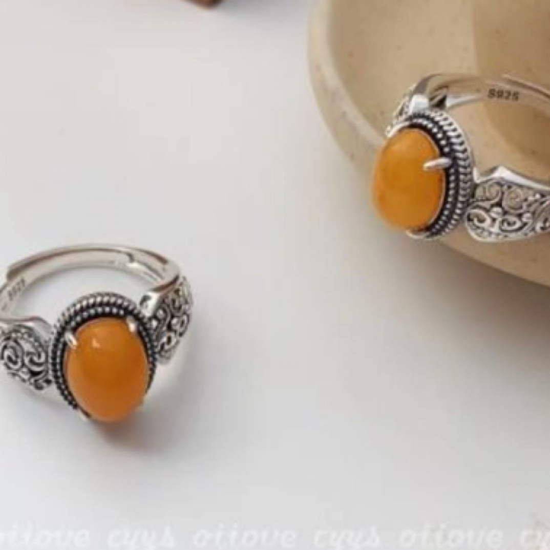 S925通体银镶嵌蜜蜡琥珀戒指精致款新中式国潮风