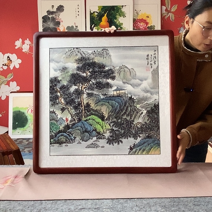 国画手写手绘带框包邮国画作品62✖️62