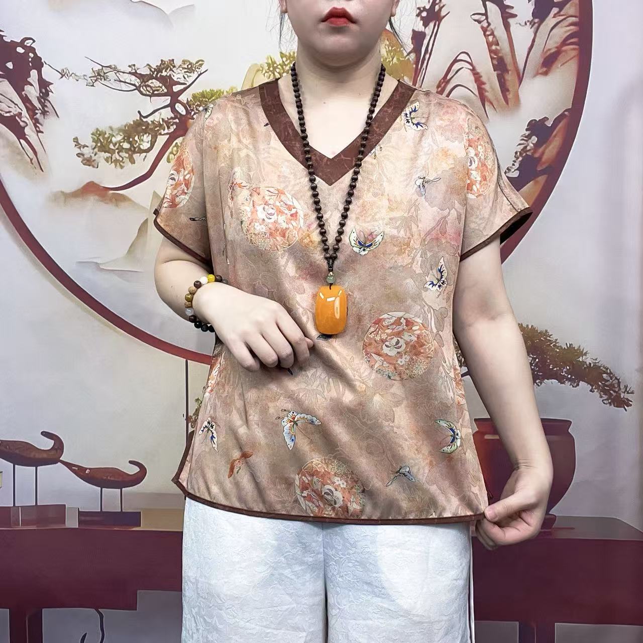 DM151薄款V领双面穿蝙蝠袖法式风景时尚中老年女装中式复古小衫