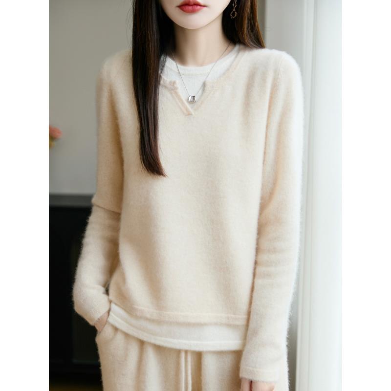 100%纯羊毛女士圆V领假两件羊毛上衣D261