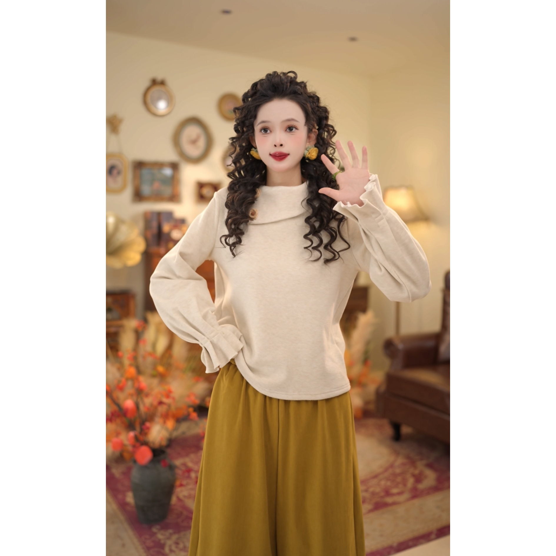 扣子家【恰好时光】复古港风加绒加厚打底衫上衣女休闲T恤KK0726494