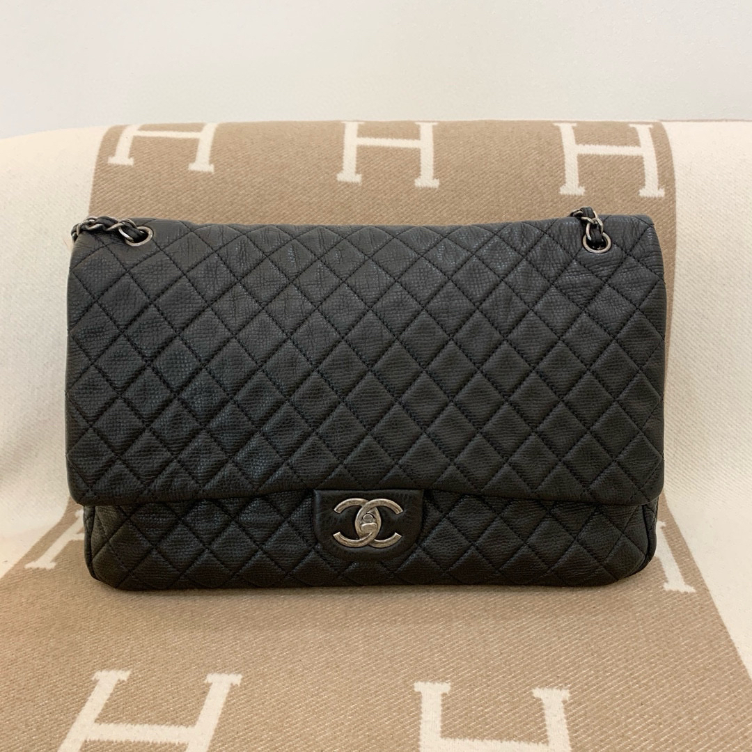 99新 Chanel/香奈儿 maxi cf 经典翻盖包 做旧牛皮 黑色0120m5 
