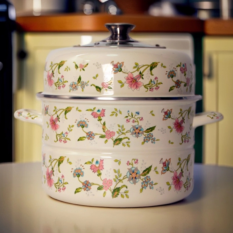 32厘米搪瓷珐琅蒸锅双耳蒸锅双层可视盖汤锅炖锅电磁炉燃气灶通用