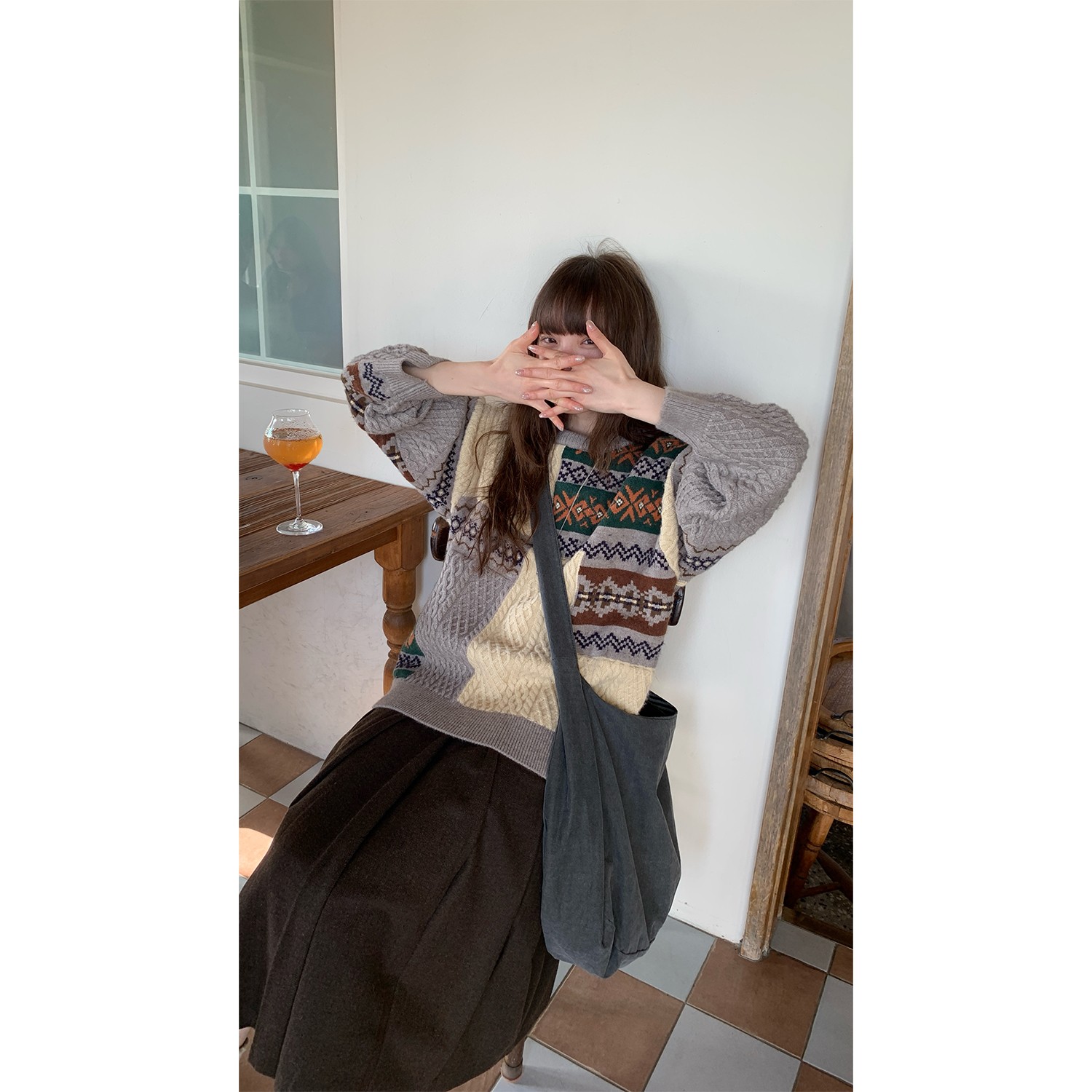 RAINY 设计感不规则撞色拼接毛衣秋冬女圆领套头麻花复古毛针织衫